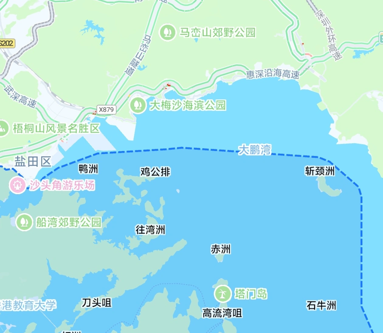 盐田港外侧几乎全部为香港海域